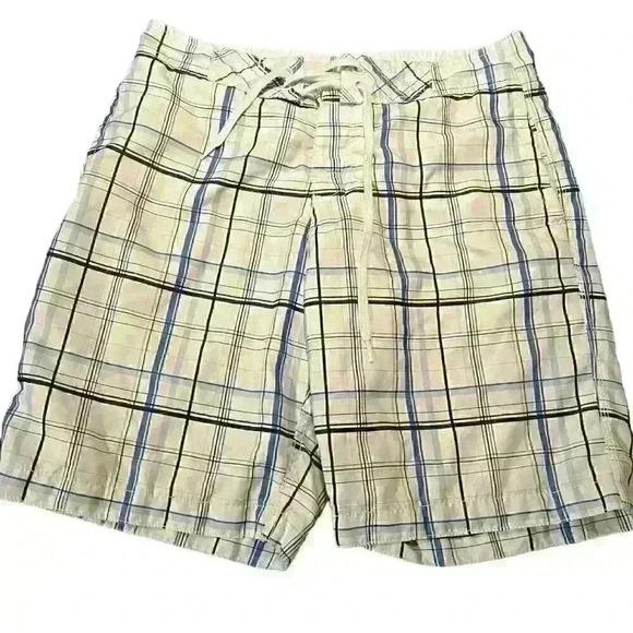 Old Navy Men's Size Medium Swim Trunk Shorts Blue/White/Black Plaid with Tie - Picture 1 of 7